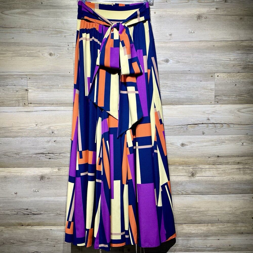 TOV Los Angeles Multicolor Geometric Maxi Skirt + Ribbon Zip Slit Size 38/Small